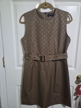 Louis Vuitton Tan Gold Monogram Sleeveless Belted Dress